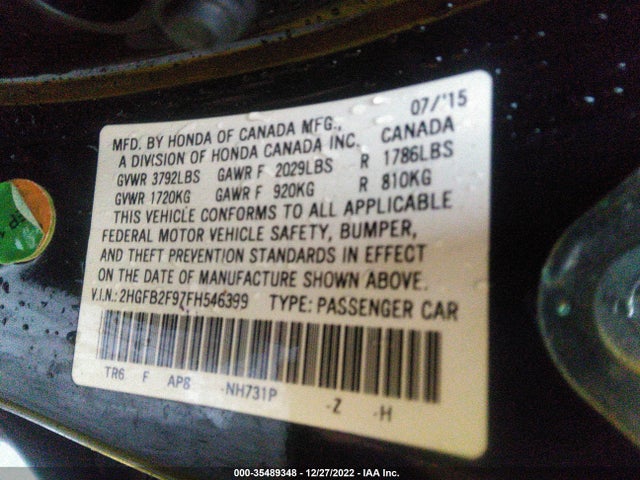 2015 HONDA CIVIC SEDAN EX-L VIN: 2HGFB2F97FH546399