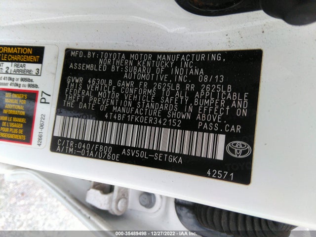 2014 TOYOTA CAMRY L/LE/XLE/SE/SE SPORT VIN: 4T4BF1FK0ER342152