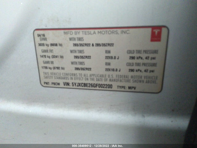 2016 Tesla Model X, VIN: 5YJXCBE26GF002200