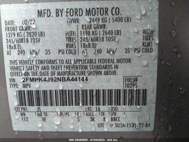 2022 FORD EDGE SEL/ST-LINE VIN: 2FMPK4J92NBA44144
