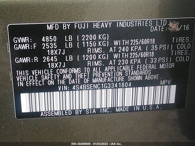 4S4BSENC1G3341804 Subaru Outback 3.6r Limited