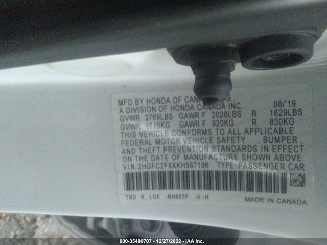 2019 HONDA CIVIC SEDAN SPORT VIN: 2HGFC2F8XKH587186