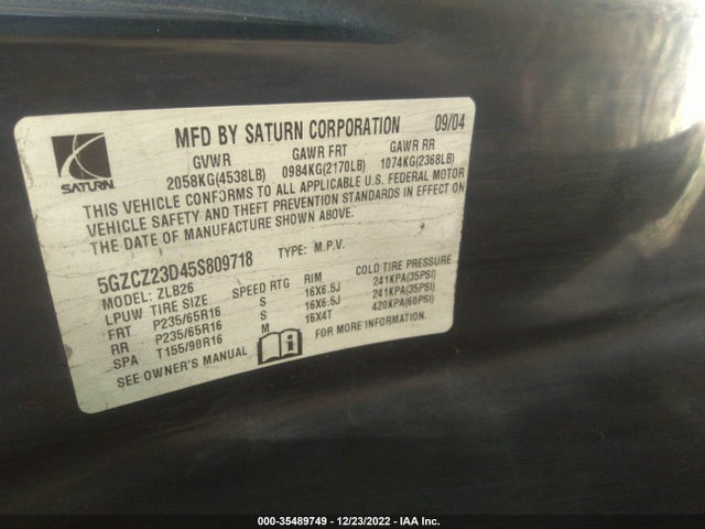 2005 SATURN VUE VIN: 5GZCZ23D45S809718