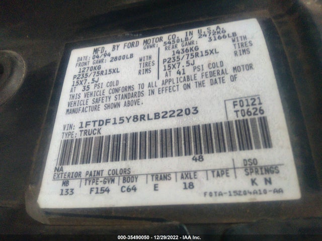 1994 FORD F150 VIN: 1FTDF15Y8RLB22203