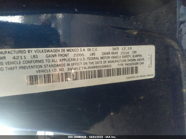 Продаж на аукціоні авто 2011 Volkswagen Jetta 2.5l Se, vin: 3VWDZ7AJ6BM050860, номер лоту: 35490123