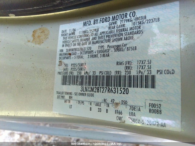 2007 LINCOLN MKZ VIN: 3LNHM28T27R631520