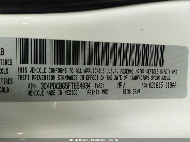 2015 DODGE JOURNEY SXT VIN: 3C4PDCBG5FT654034