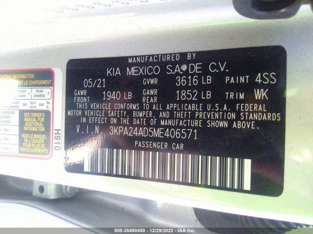 2021 KIA RIO S VIN: 3KPA24AD5ME406571