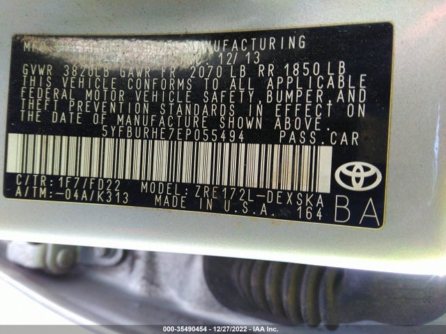 Toyota Corolla L/le/s/s Plus/le Plus 2014 5YFBURHE7EP055494 Image 9