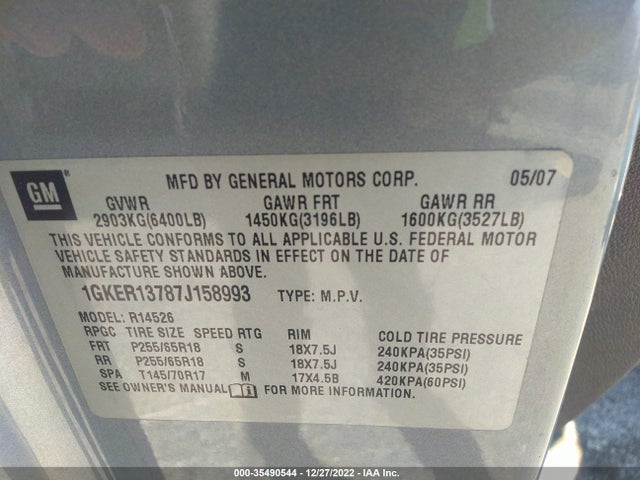 2007 GMC ACADIA SLE VIN: 1GKER13787J158993