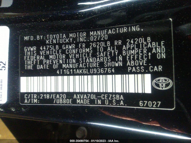 2020 TOYOTA CAMRY SE VIN: 4T1G11AK6LU936764
