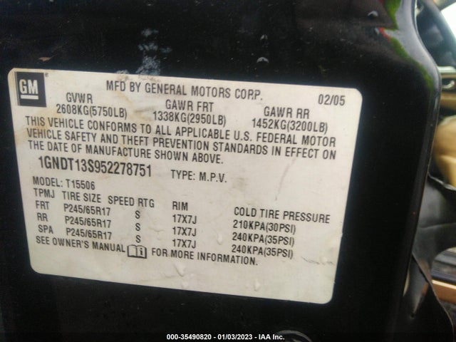 2005 CHEVROLET TRAILBLAZER LT VIN: 1GNDT13S952278751