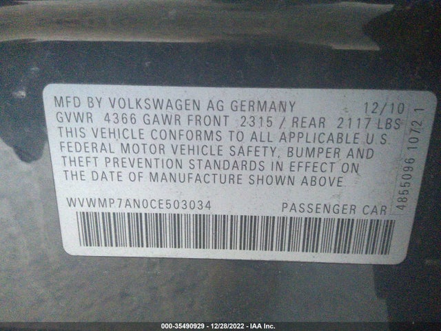2012 VOLKSWAGEN CC SPORT PZEV VIN: WVWMP7AN0CE503034
