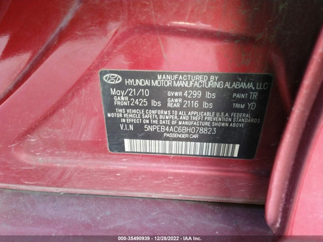 2011 HYUNDAI SONATA GLS VIN: 5NPEB4AC6BH078823