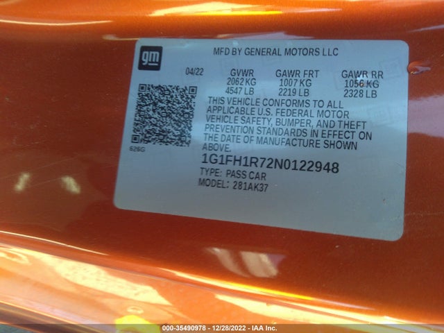 2022 Chevrolet Camaro, VIN: 1G1FH1R72N0122948