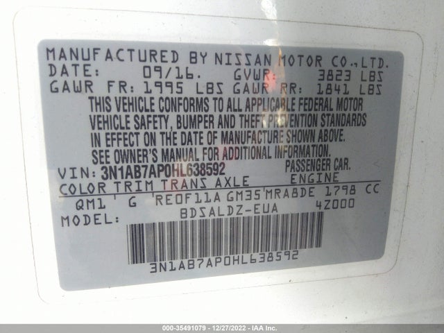 2017 NISSAN SENTRA SV VIN: 3N1AB7AP0HL638592