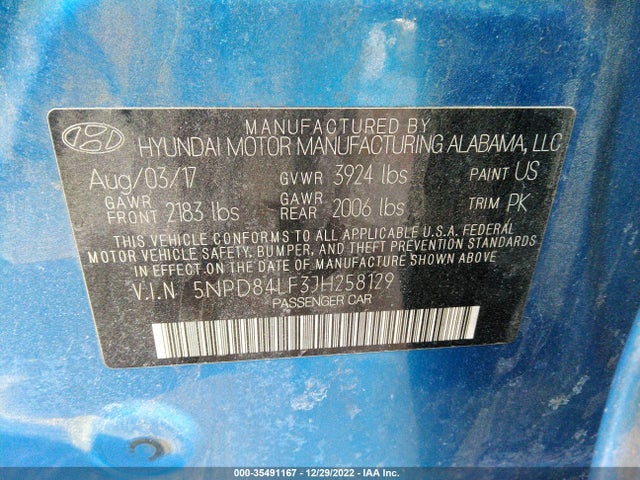 2018 HYUNDAI ELANTRA SEL VIN: 5NPD84LF3JH258129