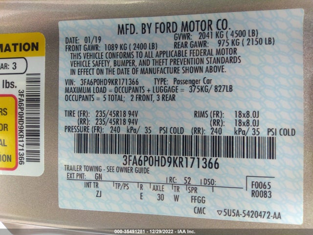 2019 Ford Fusion, VIN: 3FA6P0HD9KR171366