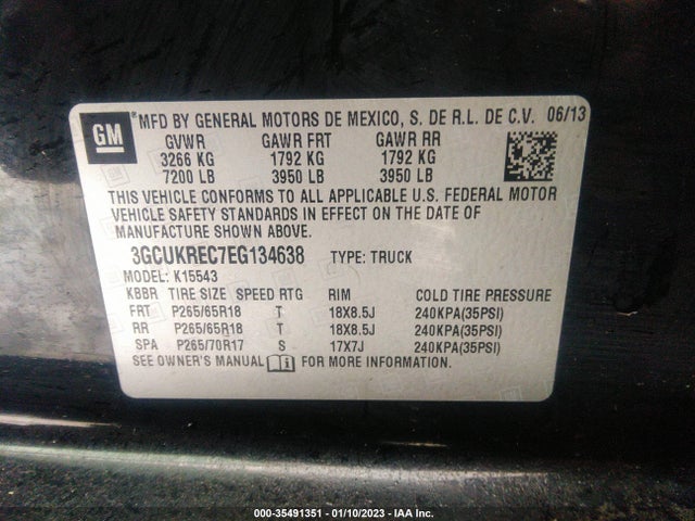 2014 CHEVROLET SILVERADO 1500 LT VIN: 3GCUKREC7EG134638
