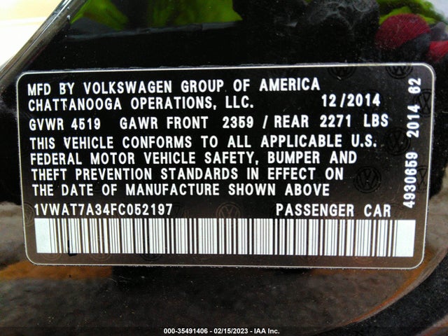 1VWAT7A34FC052197 Volkswagen Passat 1.8t Wolfsburg Ed