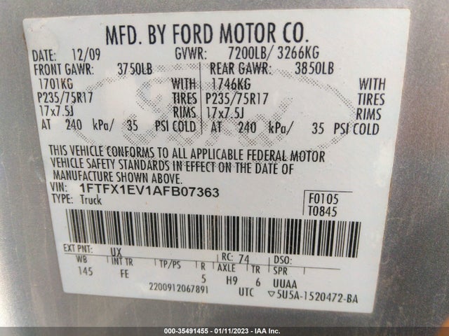 2010 FORD F-150 XL/XLT/FX4/LARIAT VIN: 1FTFX1EV1AFB07363