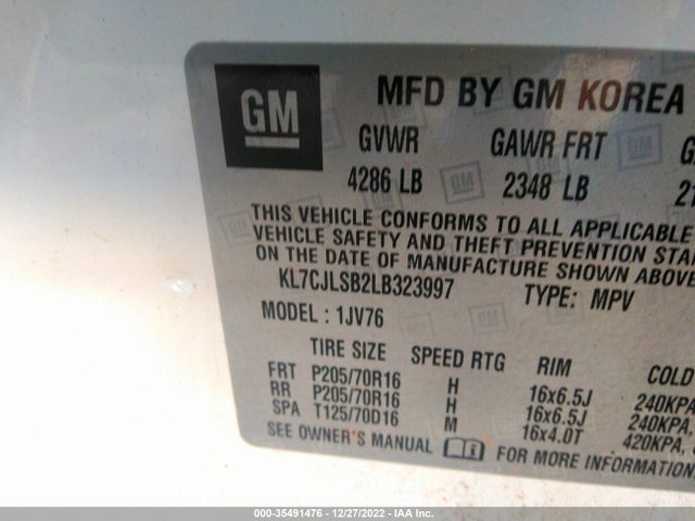 2020 Chevrolet Trax, VIN: KL7CJLSB2LB323997