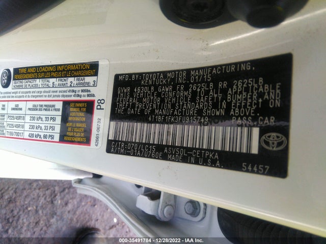 2015 TOYOTA CAMRY XLE/SE/LE/XSE VIN: 4T1BF1FK3FU915749