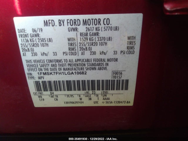 2020 FORD EXPLORER LIMITED VIN: 1FMSK7FH1LGA10682