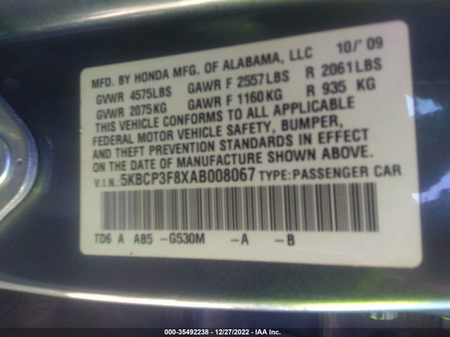 2010 HONDA ACCORD SDN EX-L VIN: 5KBCP3F8XAB008067