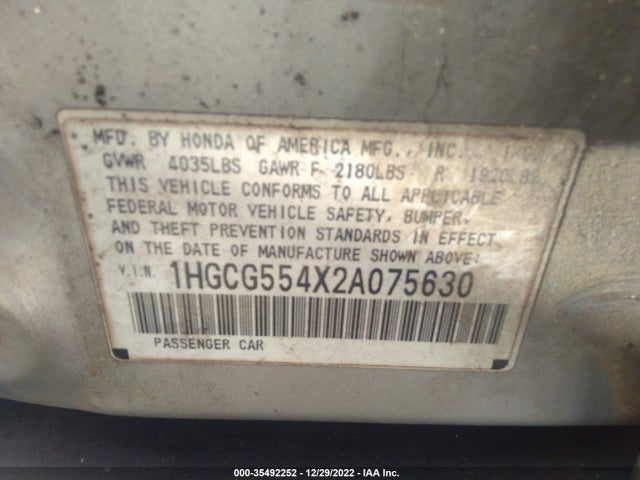 2002 HONDA ACCORD SDN LX VIN: 1HGCG554X2A075630