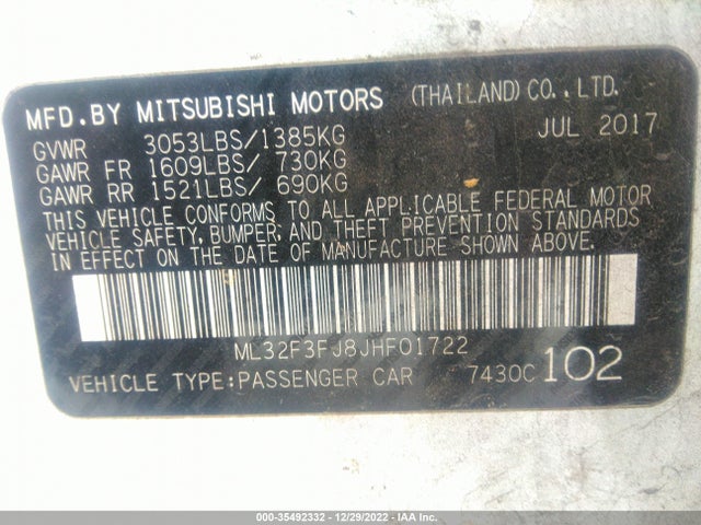 2018 MITSUBISHI MIRAGE G4 ES VIN: ML32F3FJ8JHF01722