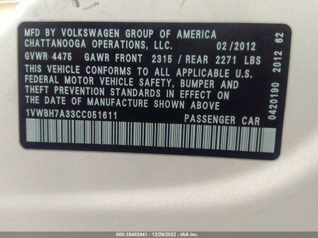 1VWBH7A33CC051611 Volkswagen Passat Se W/sunroof