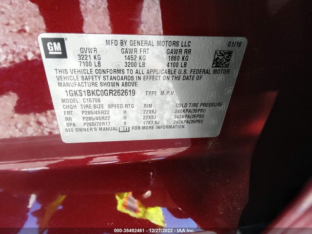 GMC YUKON SLT 2016 1GKS1BKC0GR262619 Image 9