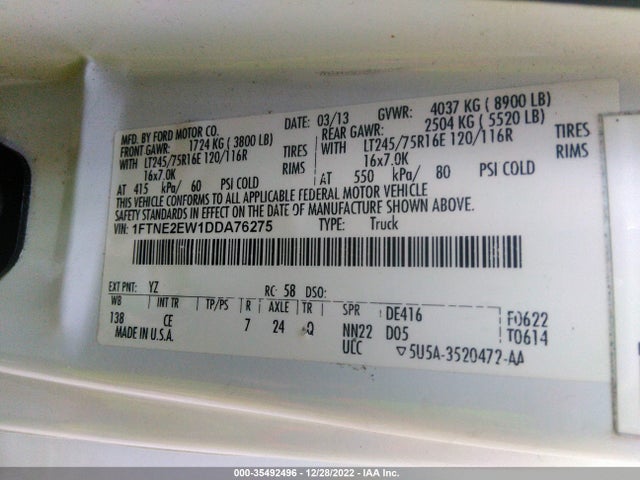 2013 FORD ECONOLINE CARGO VAN COMMERCIAL/RECREATIONAL VIN: 1FTNE2EW1DDA76275