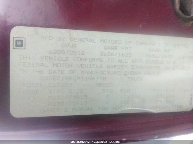 1993 CHEVROLET GMT-400 C1500 VIN: 2GCEC19K3P1196778