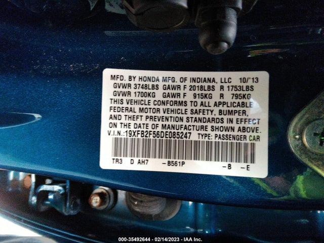 2013 HONDA CIVIC SDN LX VIN: 19XFB2F56DE085247