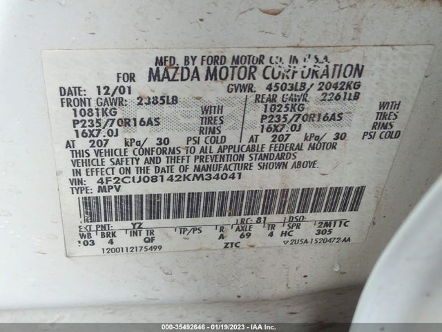 2002 MAZDA TRIBUTE LX/ES VIN: 4F2CU08142KM34041