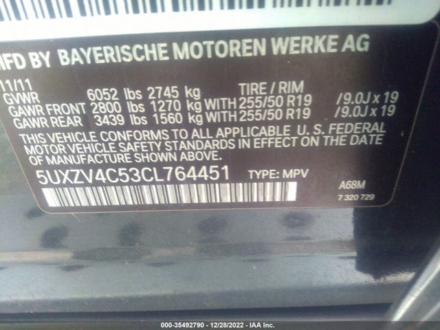 2012 BMW X5 35I VIN: 5UXZV4C53CL764451