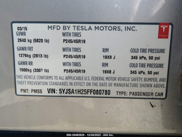2015 Tesla Model S, VIN: 5YJSA1H25FF080780