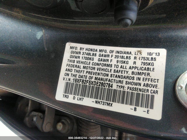 2013 HONDA CIVIC SDN LX VIN: 19XFB2F5XDE280784