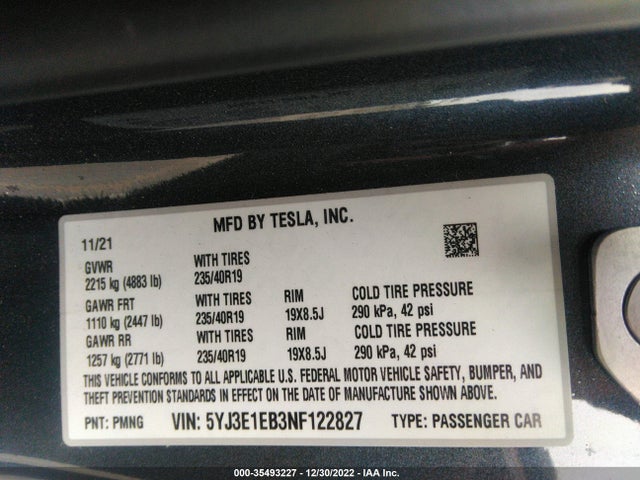Tesla Model 3 Long Range 2022 5YJ3E1EB3NF122827 Image 9