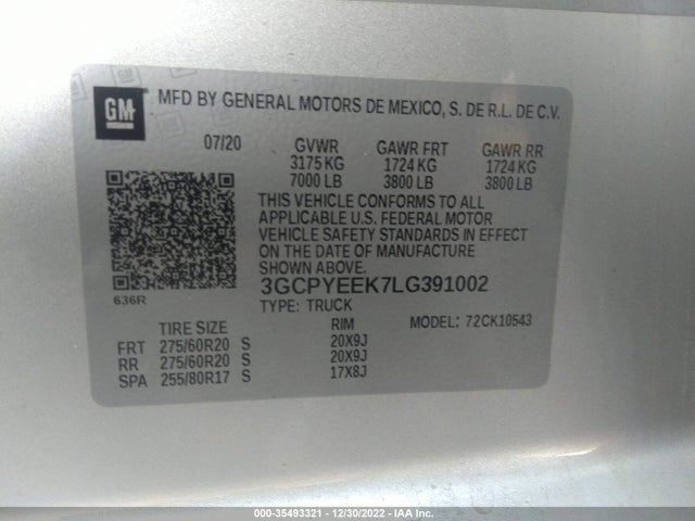 2020 CHEVROLET SILVERADO 1500 RST VIN: 3GCPYEEK7LG391002