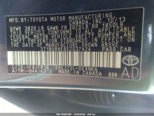 2014 TOYOTA COROLLA L/LE/S/S PLUS/LE PLUS VIN: 2T1BURHE6EC037424