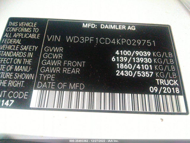 2019 Mercedes-Benz Sprinter, VIN: WD3PF1CD4KP029751