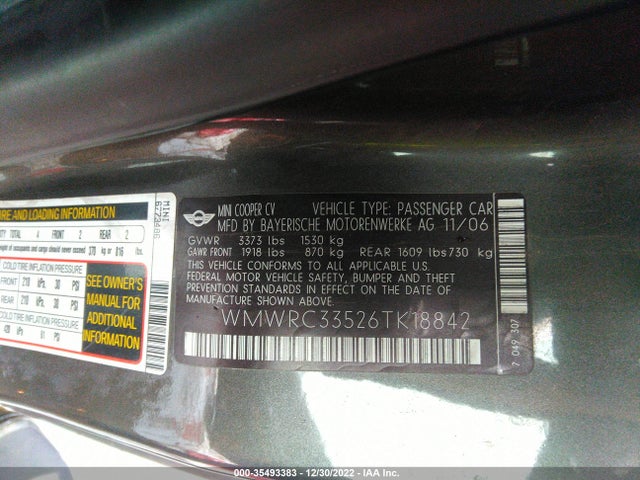 2006 MINI COOPER HARDTOP VIN: WMWRC33526TK18842