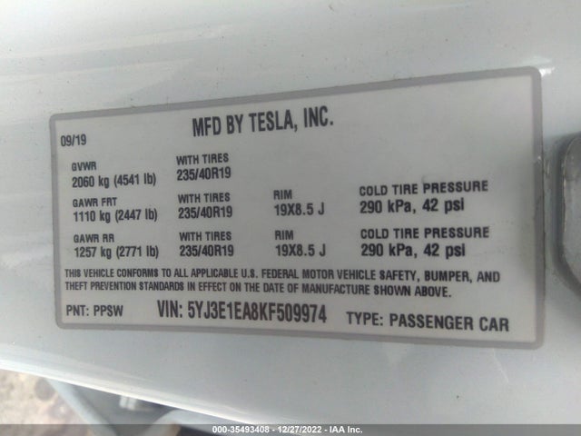2019 Tesla 3, VIN: 5YJ3E1EA8KF509974