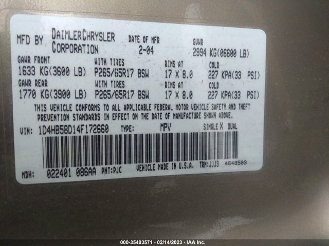 Dodge DURANGO LIMITED 2004 1D4HB58D14F172660 Image 10