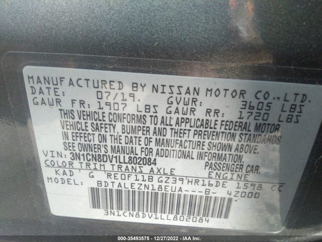 2020 Nissan Versa, VIN: 3N1CN8DV1LL802084