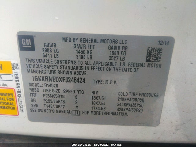 GMC ACADIA SLE 2015 1GKKRNEDXFJ246424 Image 9