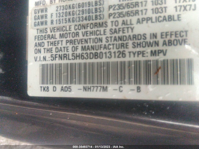 2013 HONDA ODYSSEY EX-L VIN: 5FNRL5H63DB013126